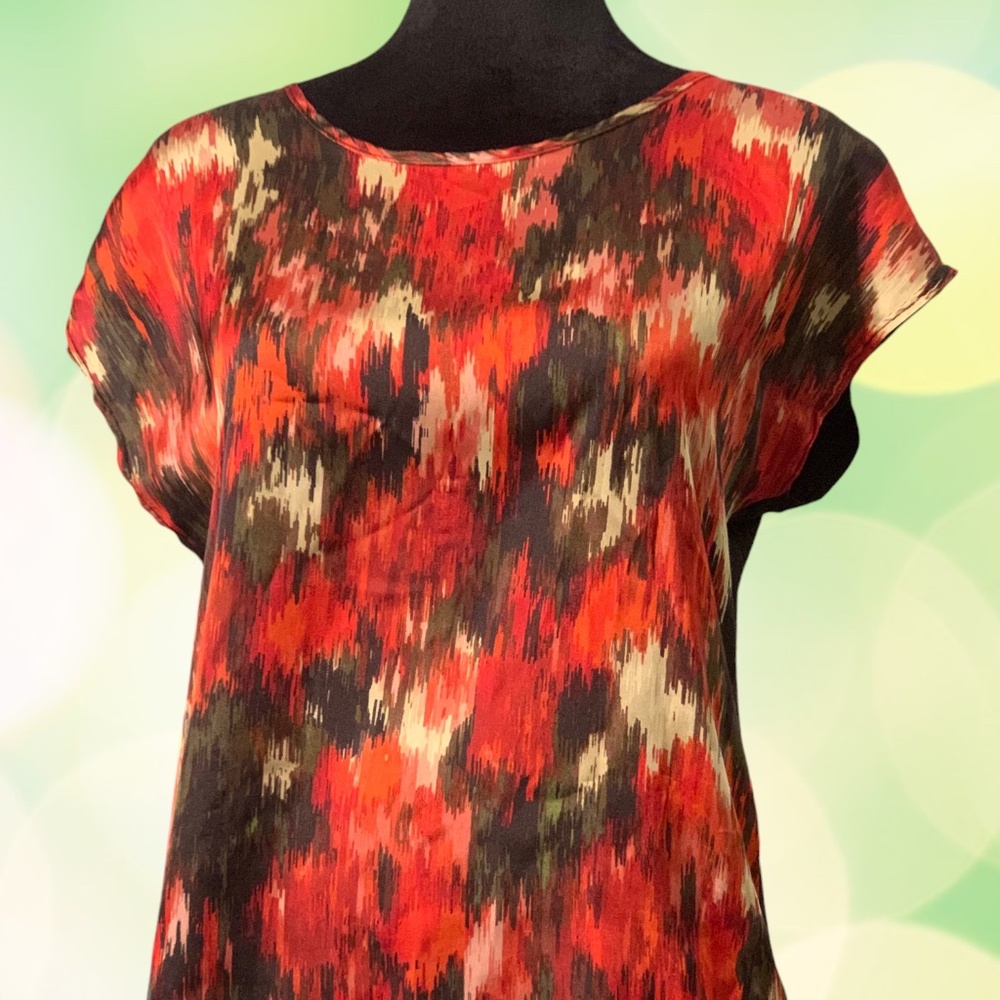 KIM & CAMI Women Top Short Sleeve Blouse, Red, Olive, Tan pattern,  Size Small